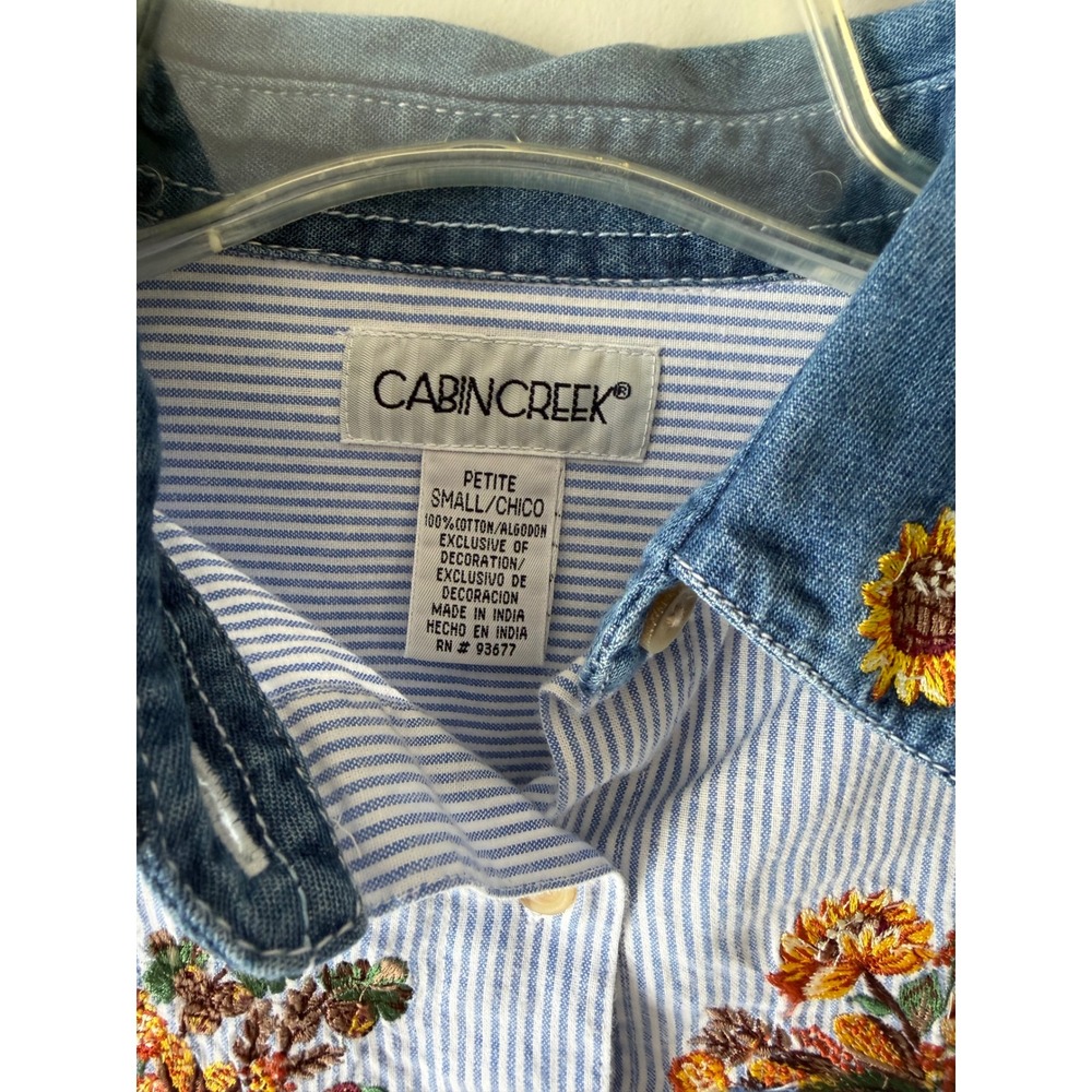 Cabin Creek Woman's Small Blue White Striped Sunflower Fall Embroidered Shirt - Picture 3 of 10